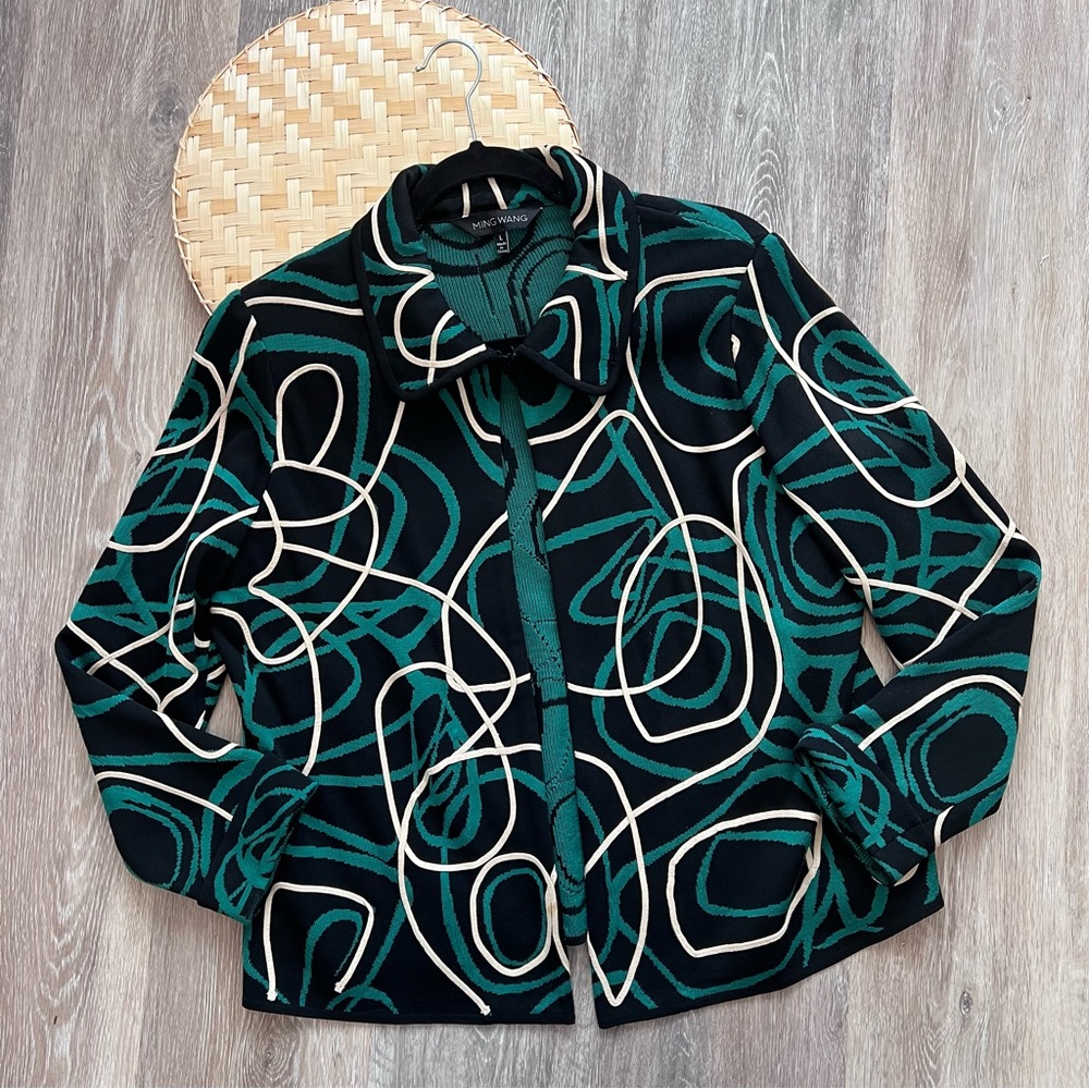 Ming Wang Black and Green Geometric abstract blazer topper jacket